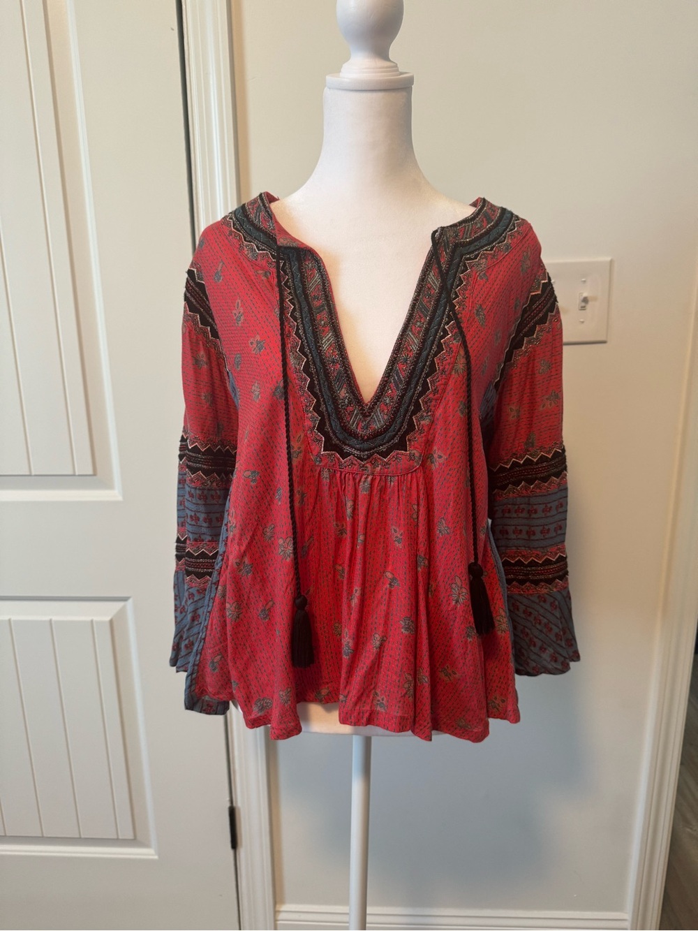 Free People Boho V-Neck Peasant Blouse in Rust Red